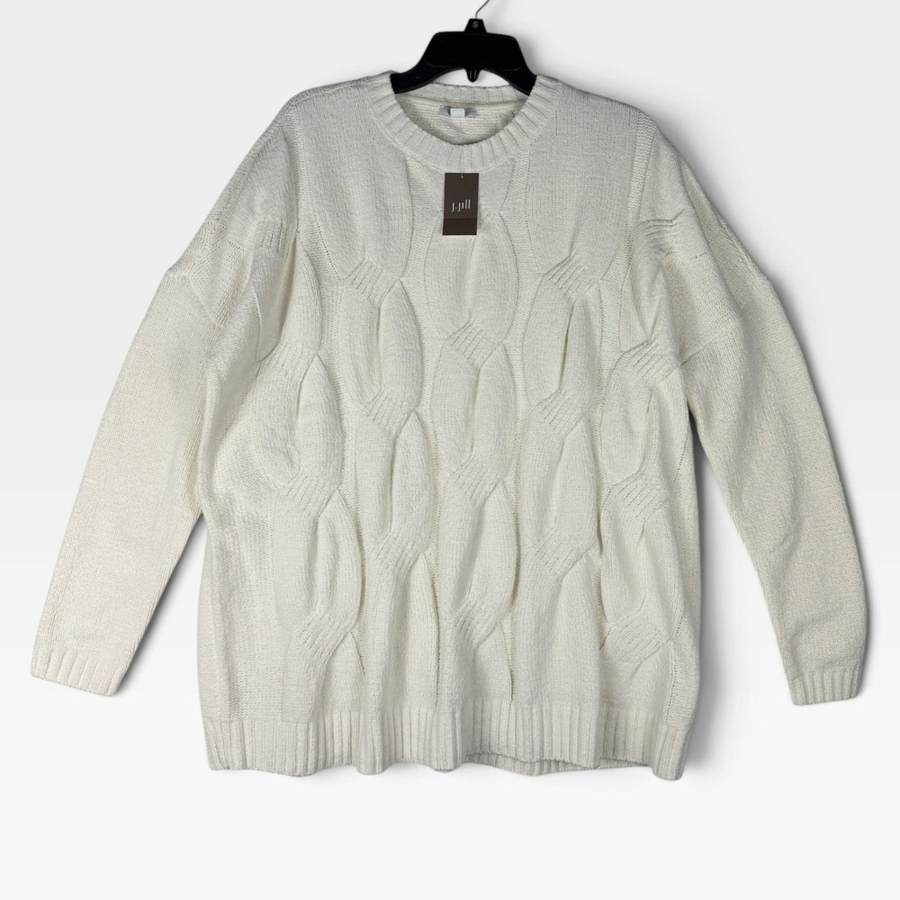 J. Jill Chenille Cable Knit Sweater Womens MT Cream Soft Textured Pullover NEW